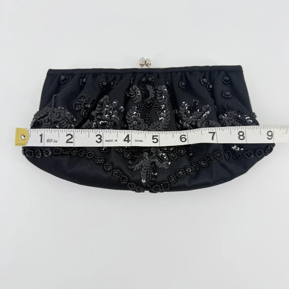 Franchi Women Black Beaded Sequin Floral Evening Clutch Bag Kiss Lock Rhinestone